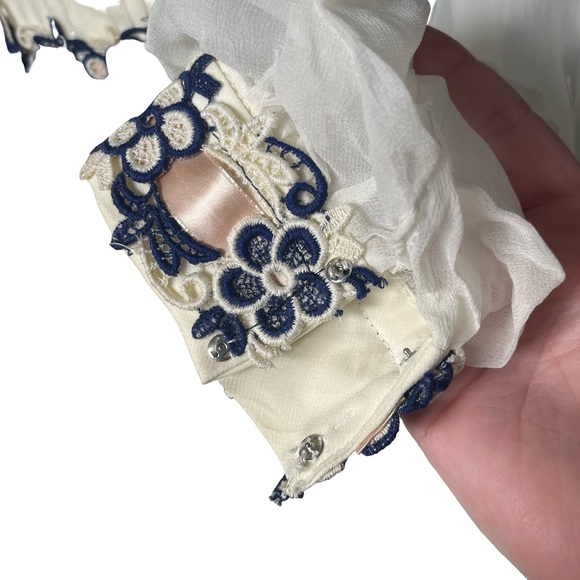 Vintage Velvet Chiffon Long Sleeve Maxi Dress Floral Applique Blue White - Picture 5 of 16